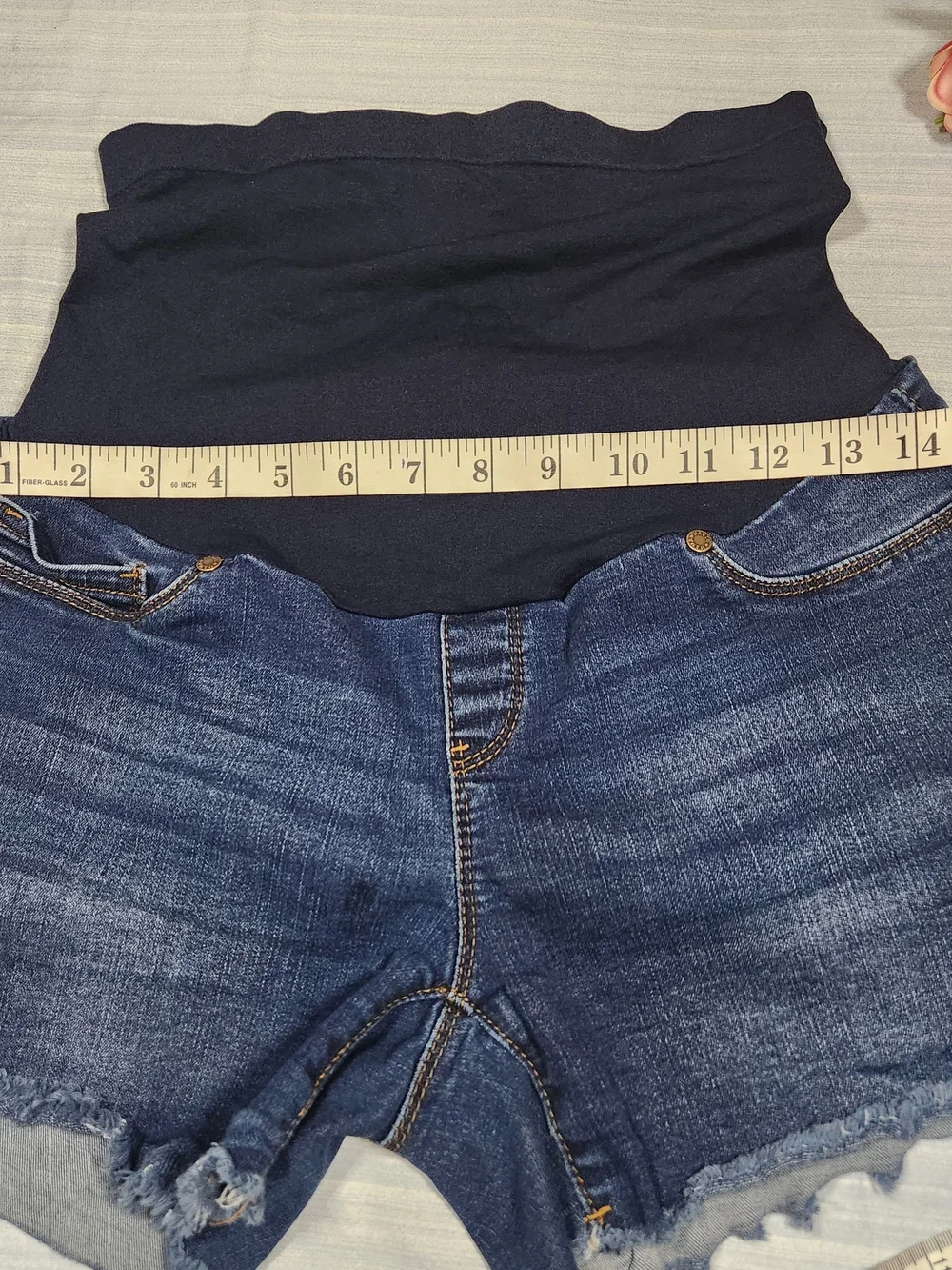 Haute Mama Maternity Full Pane Denim Shorts - Distressed. Dark Wash - Size M